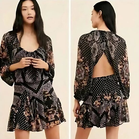 FREE PEOPLE Seven Wonders Boho Mini Dress Open Back Medium - Picture 1 of 4